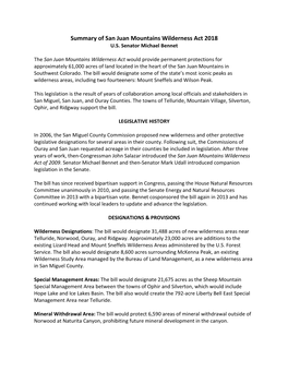 Summary of San Juan Mountains Wilderness Act 2018 U.S