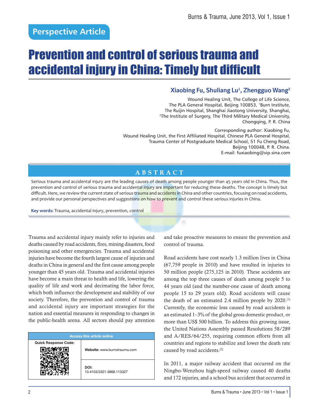 Prevention and Control of Serious Trauma and Accidental Injury in China: Timely but Difficult