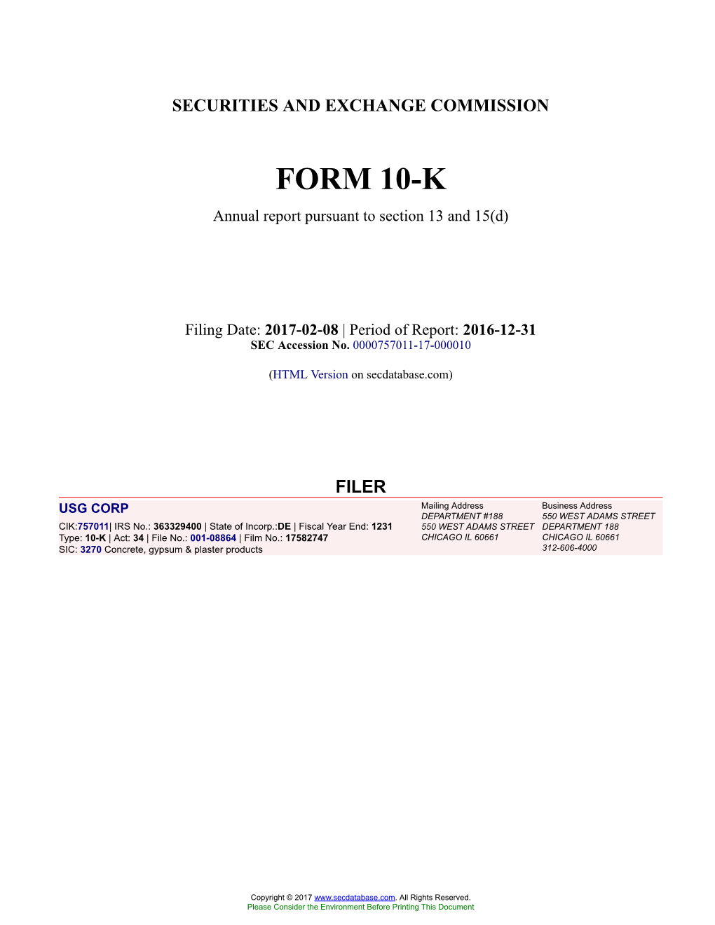 USG CORP Form 10-K Annual Report Filed 2017-02-08