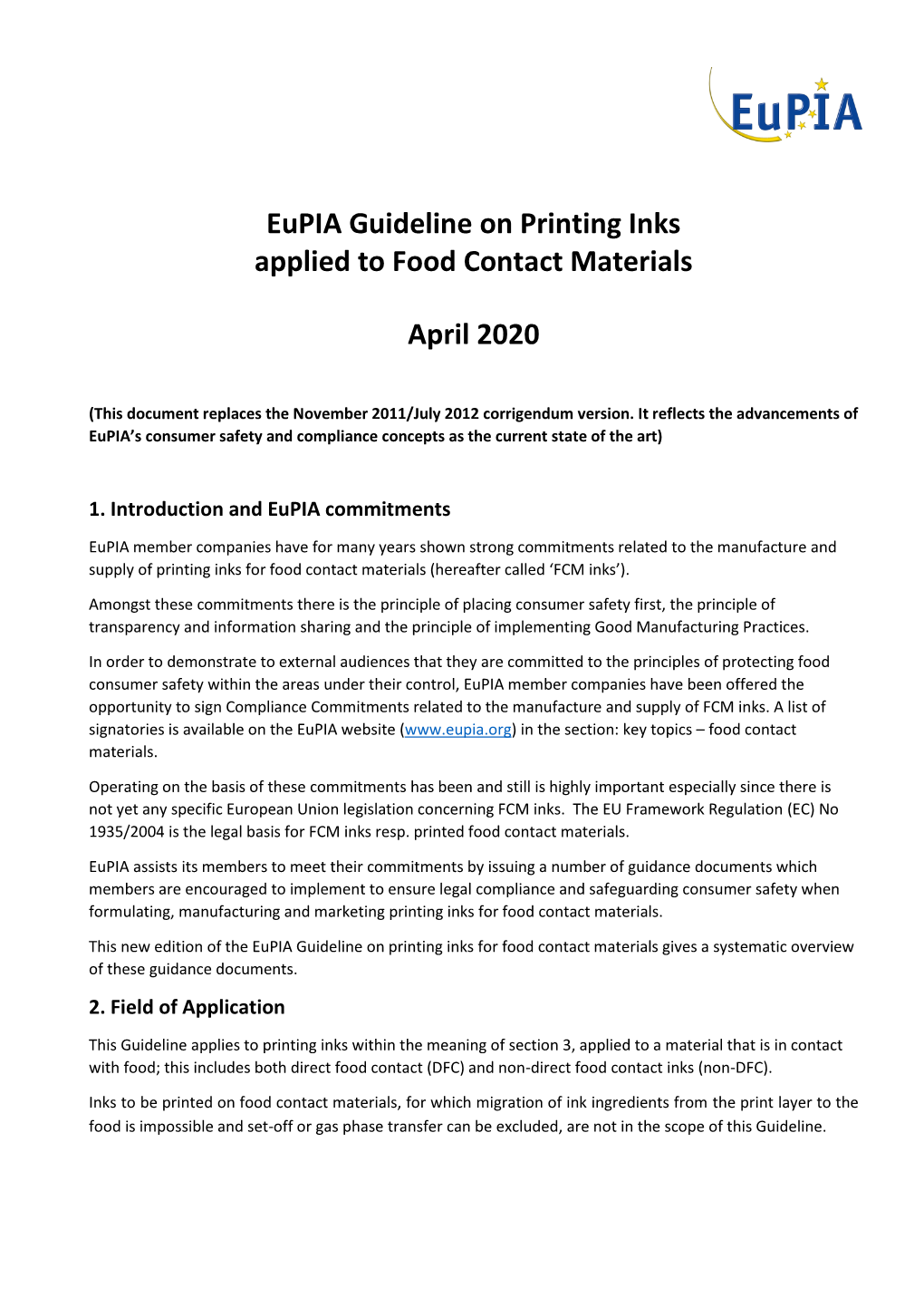 Eupia Guideline on Printing Inks Applied to Food Contact Materials