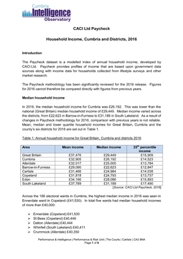 CACI Ltd Paycheck Household Income, Cumbria and Districts, 2016