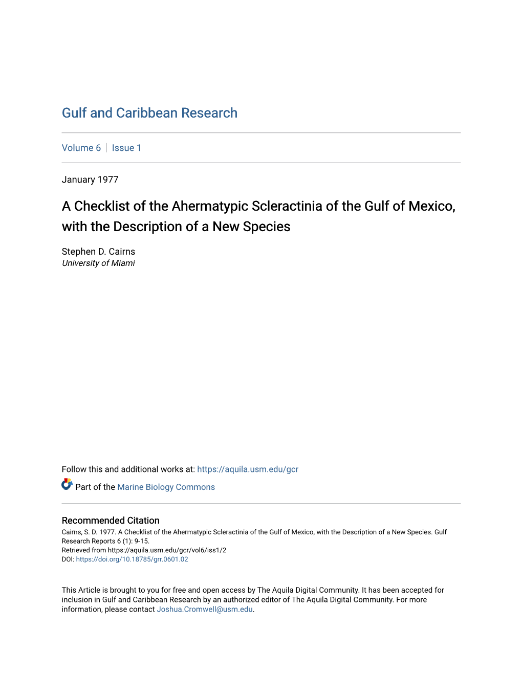 A Checklist of the Ahermatypic Scleractinia of the Gulf of Mexico, with the Description of a New Species