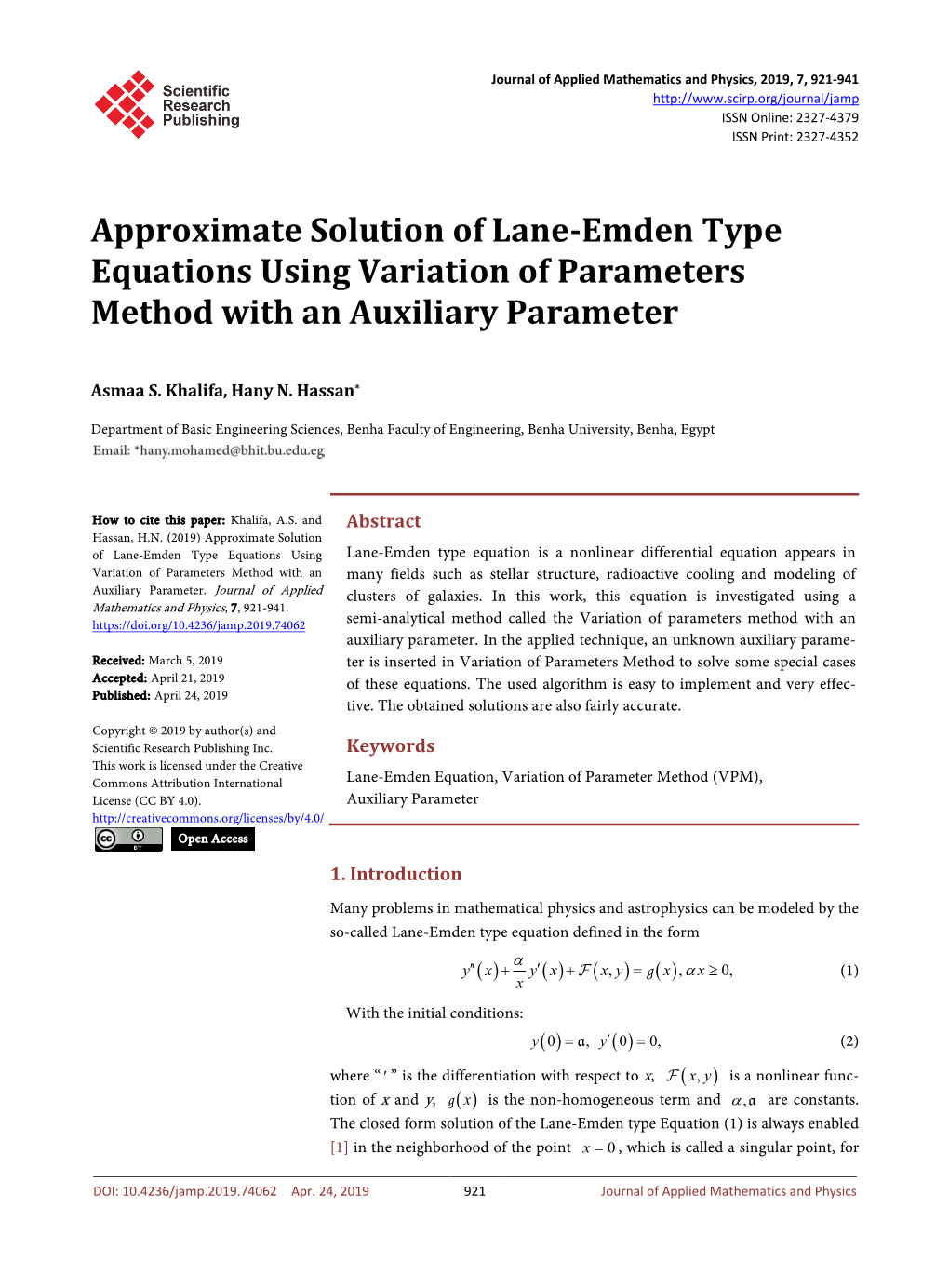 Approximate Solution of Lane-Emden Type Equations Using Variation of Parameters Method with an Auxiliary Parameter