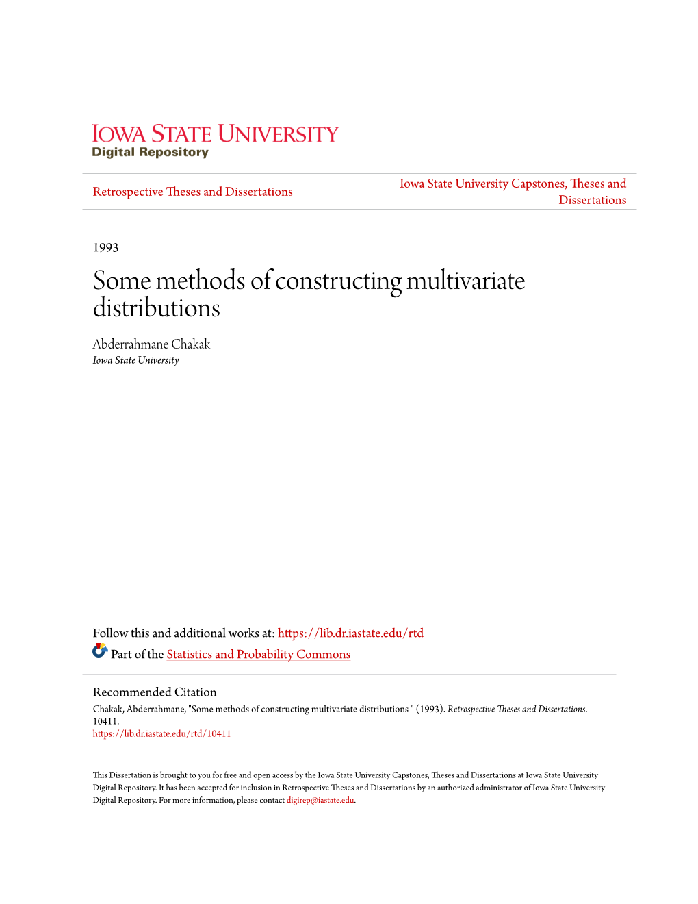 Some Methods of Constructing Multivariate Distributions Abderrahmane Chakak Iowa State University