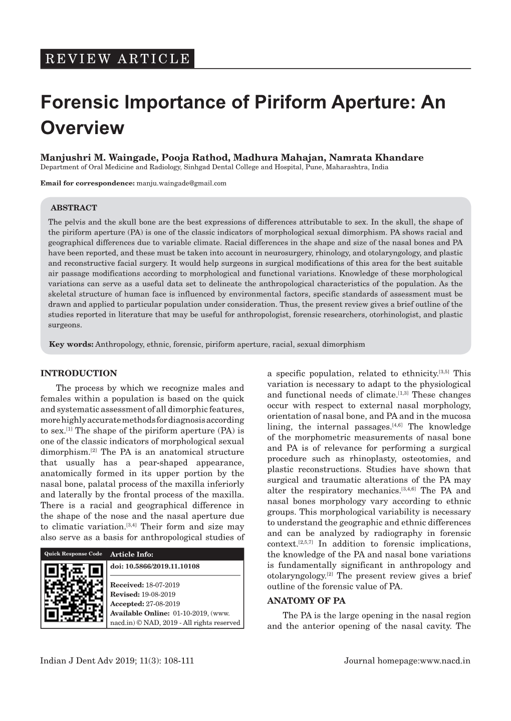 Forensic Importance of Piriform Aperture: an Overview