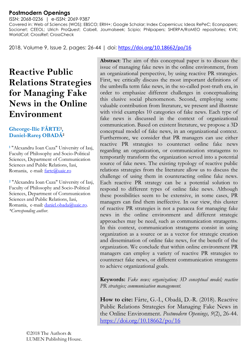 Reactive Public Relations Strategies for Managing Fake News in the Online Environment