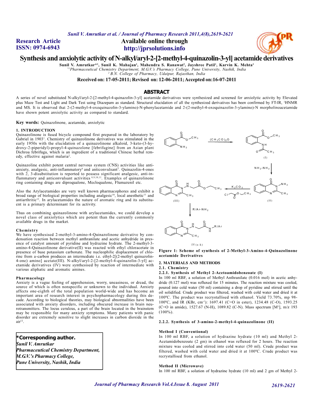 [2-Methyl-4-Quinazolin-3-Yl] Acetamide Derivatives Sunil V
