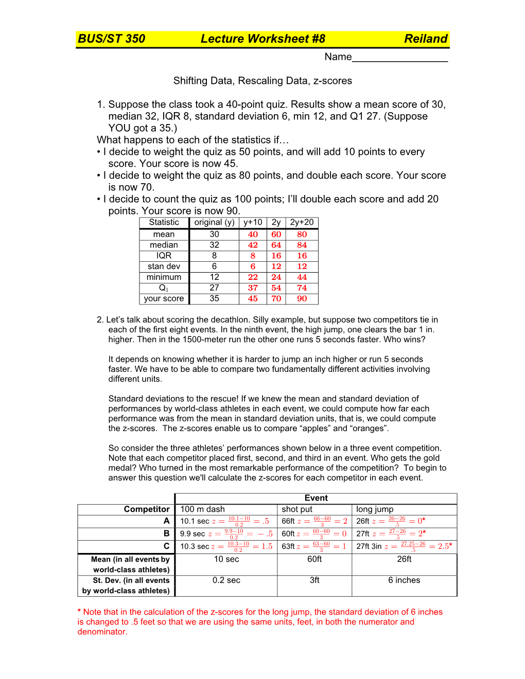 Worksheet 8 Shifting and Scaling Data, Z-Scores