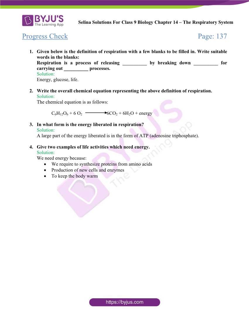 Selina Solutions for Class 9 Biology Chapter 14 the Respiratory System
