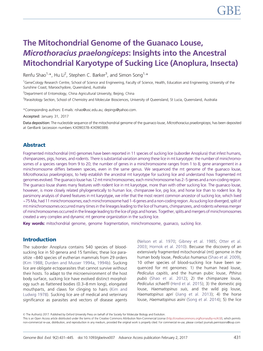 The Mitochondrial Genome of the Guanaco Louse, Microthoracius Praelongiceps: Insights Into the Ancestral Mitochondrial Karyotype of Sucking Lice (Anoplura, Insecta)