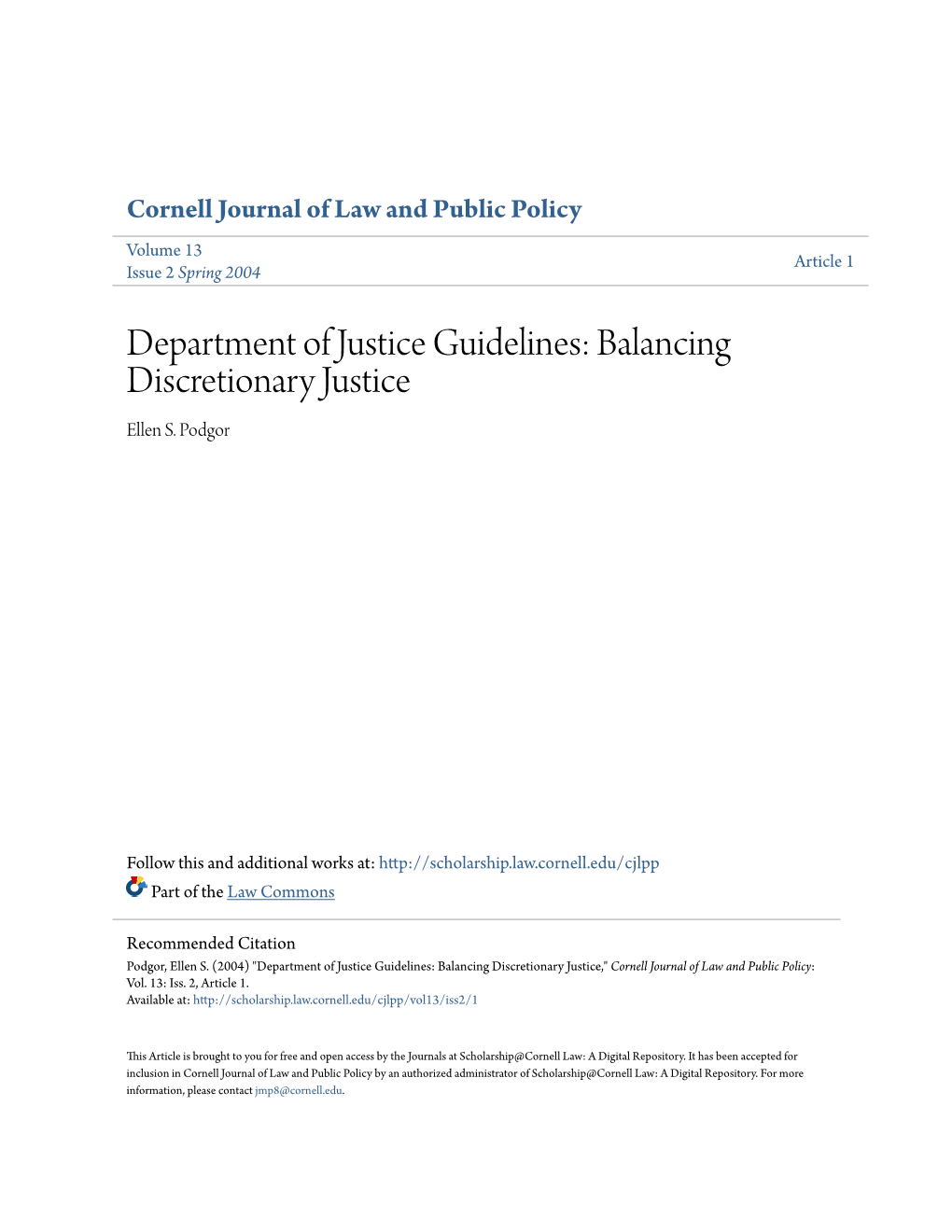 Department of Justice Guidelines: Balancing Discretionary Justice Ellen S