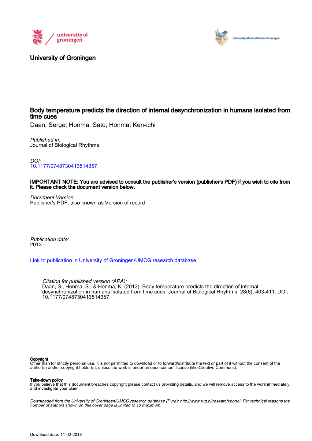 University of Groningen Body Temperature Predicts the Direction of Internal Desynchronization in Humans Isolated from Time Cues