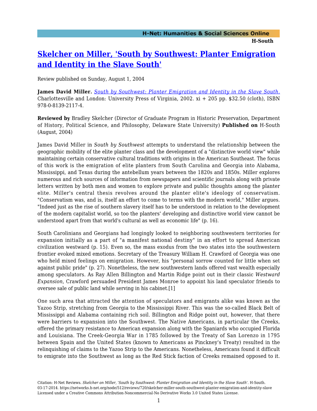 South by Southwest: Planter Emigration and Identity in the Slave South'