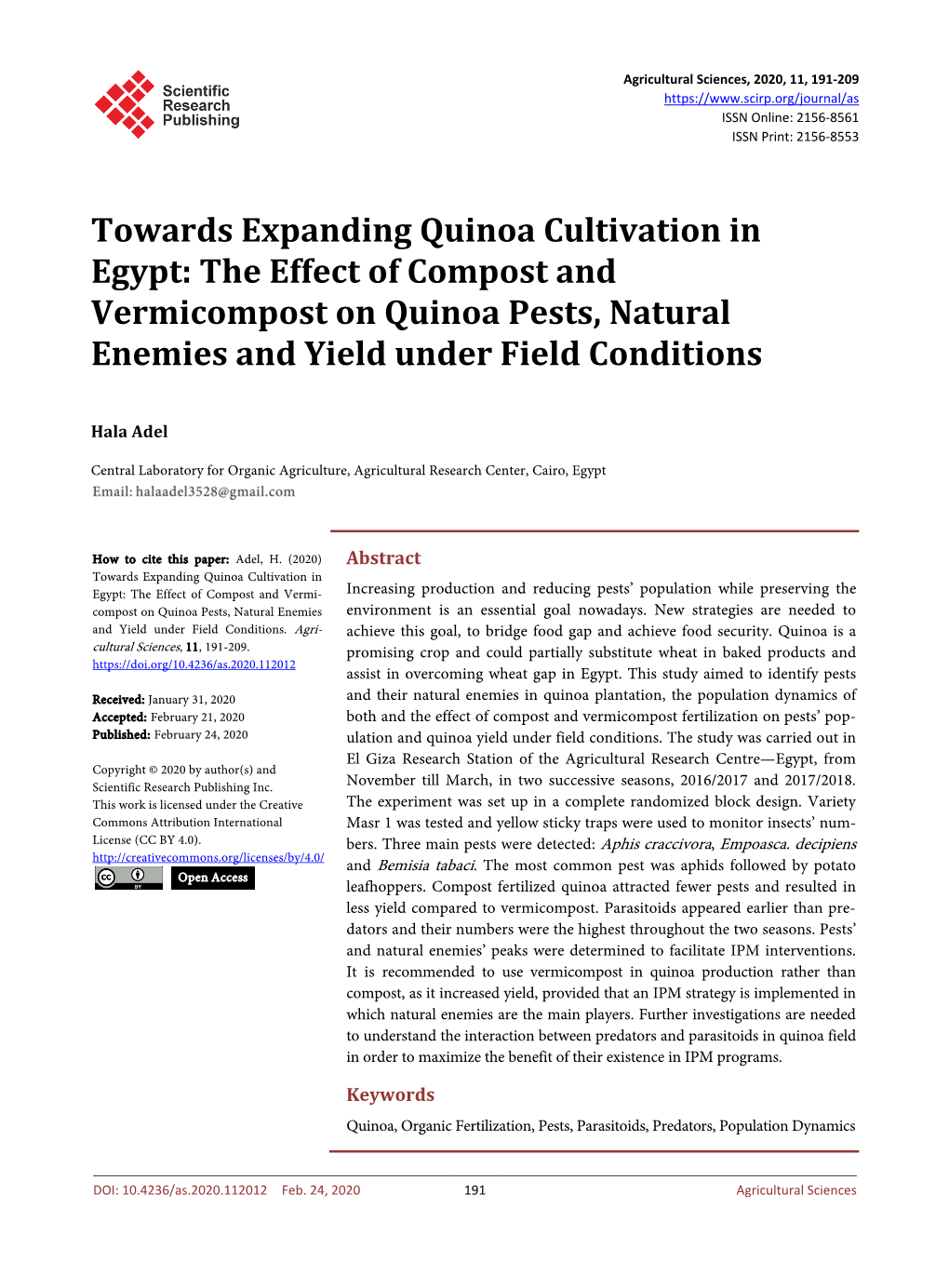 The Effect of Compost and Vermicompost on Quinoa Pests, Natural Enemies and Yield Under Field Conditions