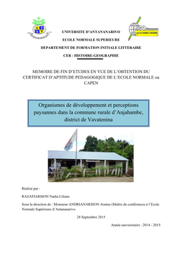 Organismes De Développement Et Perceptions Paysannes Dans La Commune Rurale D’Anjahambe, District De Vavatenina