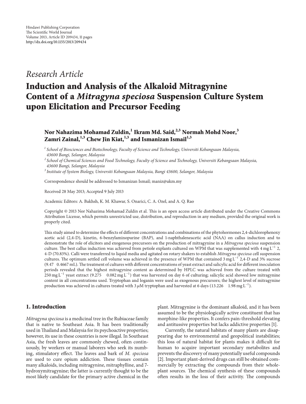 Induction and Analysis of the Alkaloid Mitragynine Content of a Mitragyna Speciosa Suspension Culture System Upon Elicitation and Precursor Feeding