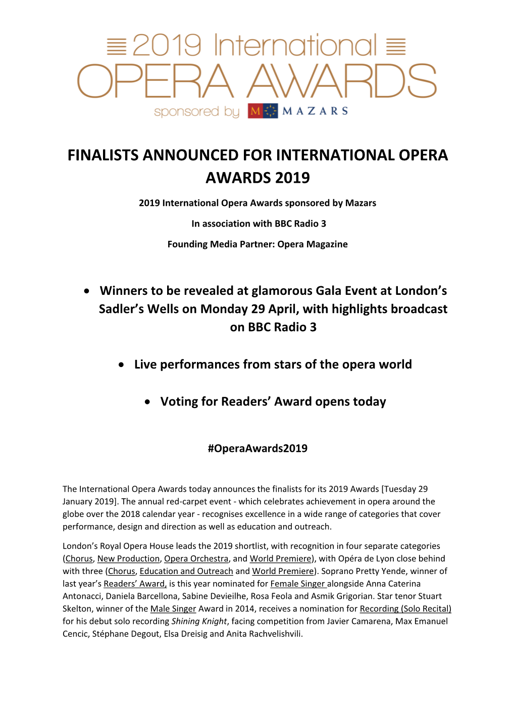Finalists Announced for International Opera Awards 2019