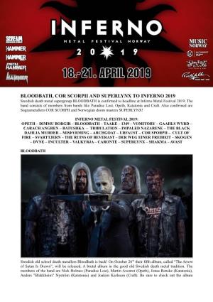 BLOODBATH, COR SCORPII and SUPERLYNX to INFERNO 2019 Swedish Death Metal Supergroup BLOODBATH Is Confirmed to Headline at Inferno Metal Festival 2019