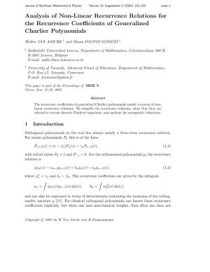 Analysis of Non-Linear Recurrence Relations for the Recurrence Coeﬃcients of Generalized Charlier Polynomials