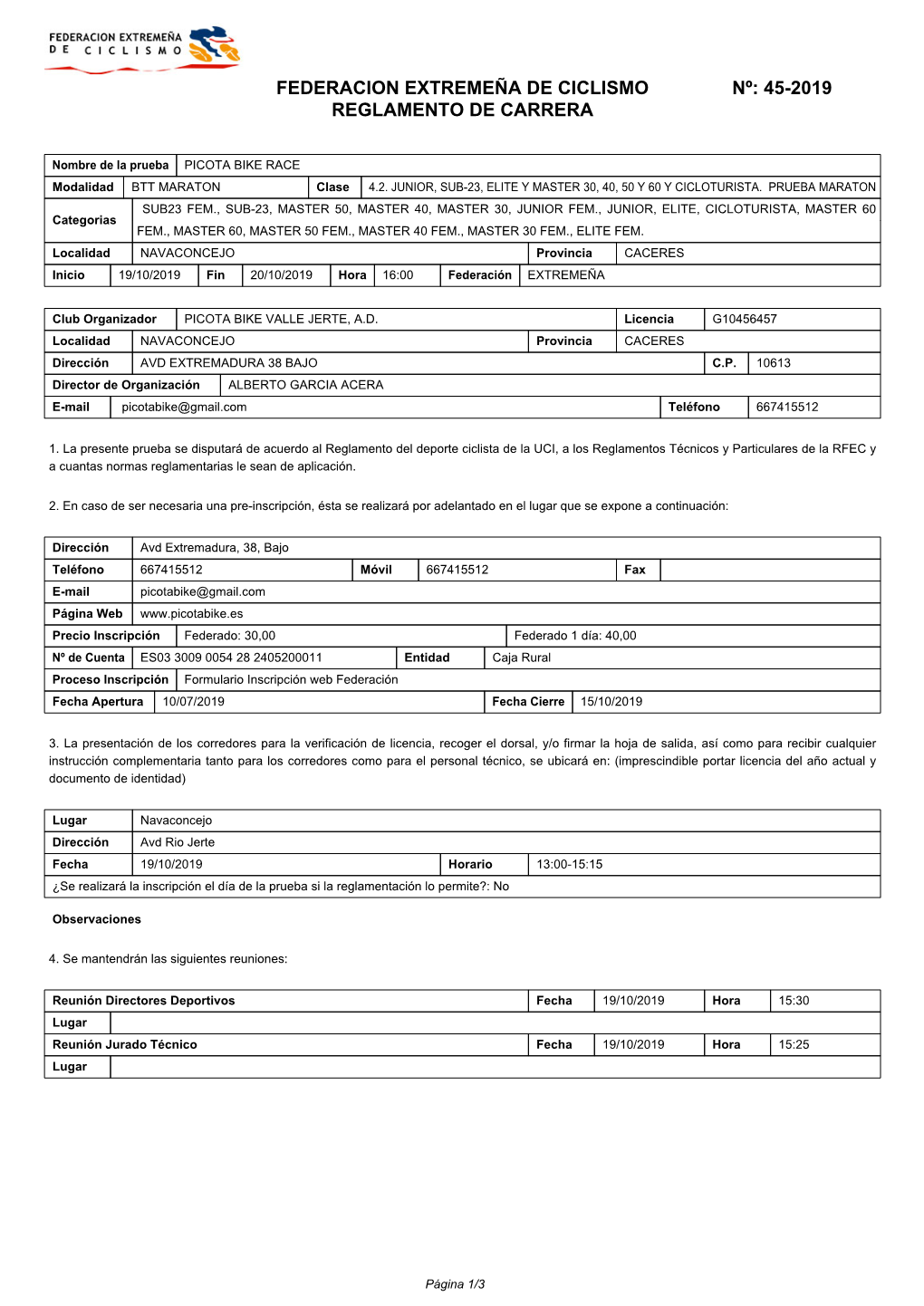 Federacion Extremeña De Ciclismo Nº: 45-2019 Reglamento De Carrera