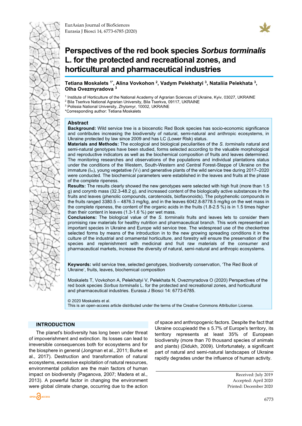 Perspectives Оf the Red Book Species Sorbus Torminalis L. for the Protected and Recreational Zones, and Horticultural and Pharmaceutical Industries