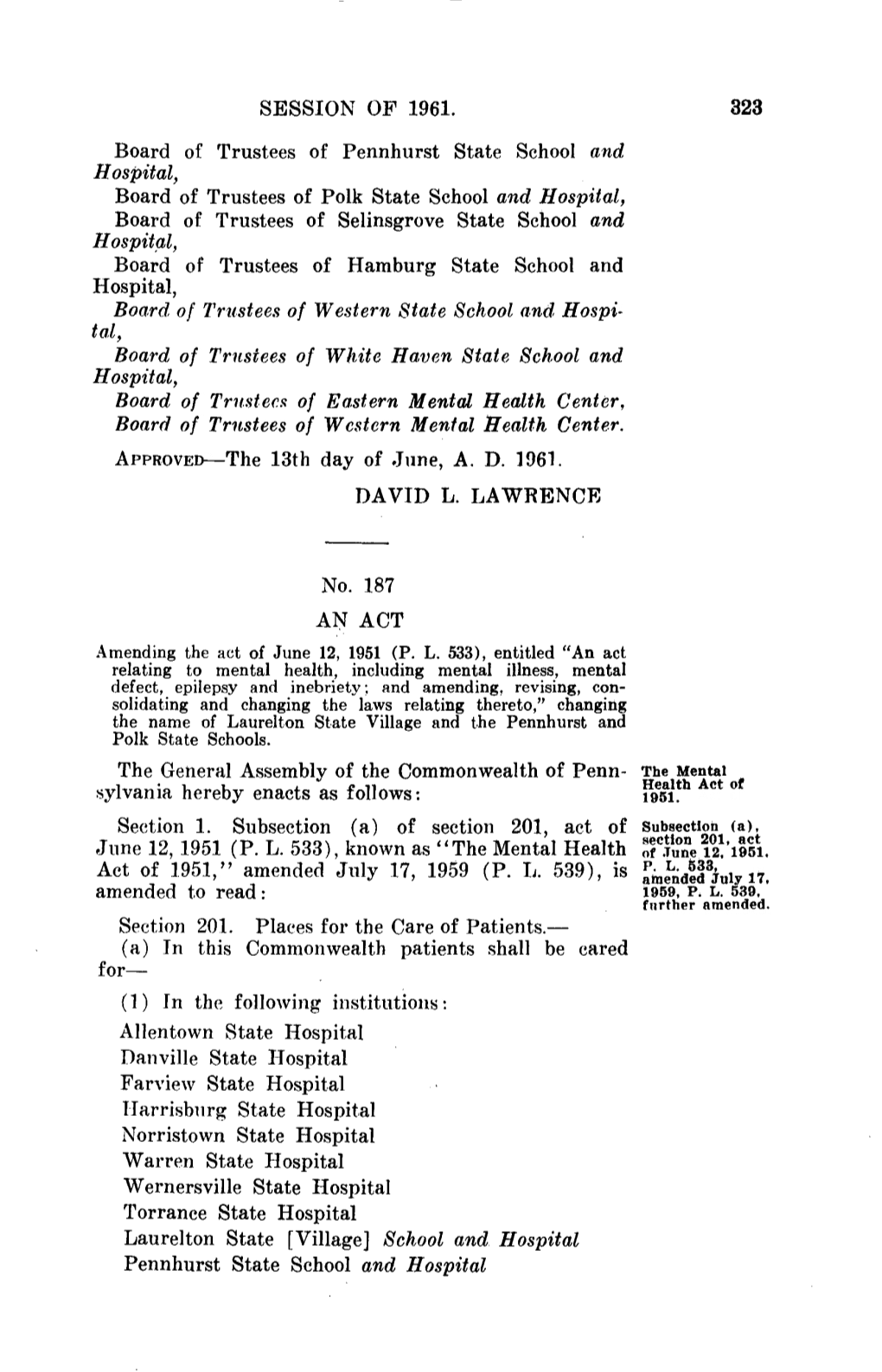 SESSION of 1961. 323 Board of Trustees of Pennhurst State School and Hospital, Board of Trustees of Polk State School and Hospit