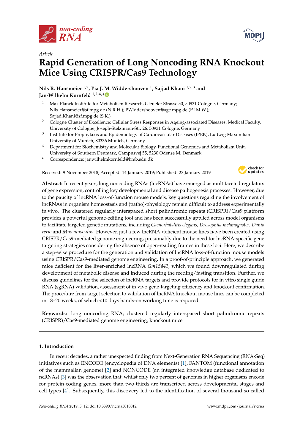 Rapid Generation of Long Noncoding RNA Knockout Mice Using CRISPR/Cas9 Technology