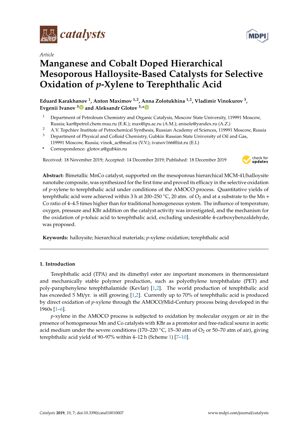 Manganese and Cobalt Doped Hierarchical Mesoporous Halloysite-Based Catalysts for Selective Oxidation of P-Xylene to Terephthalic Acid