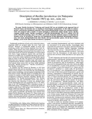 Description of Bacillus Laevolacticus (Ex Nakayarna and Yanoshi 1967) Sp