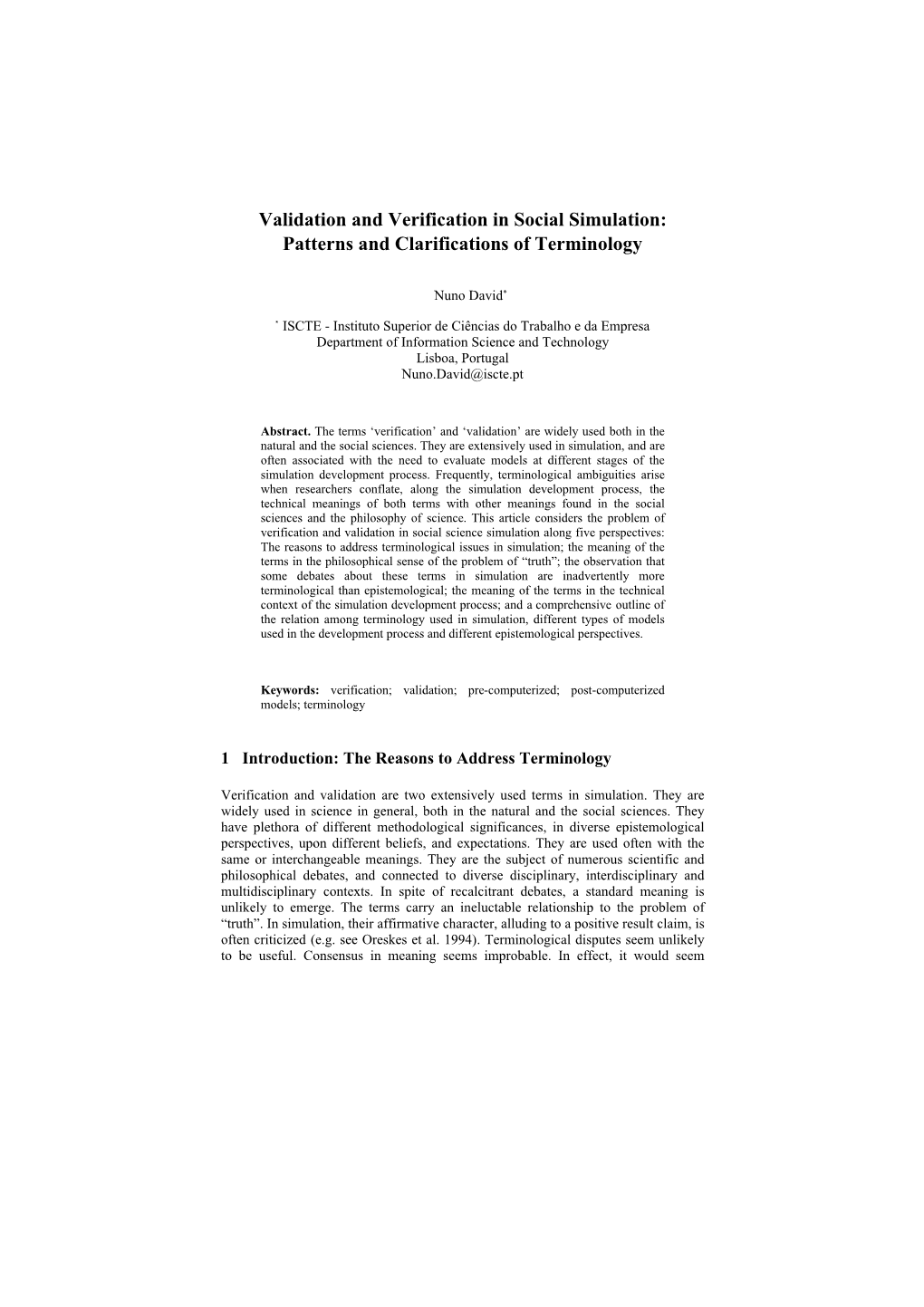Validation and Verification in Social Simulation: Patterns and Clarifications of Terminology
