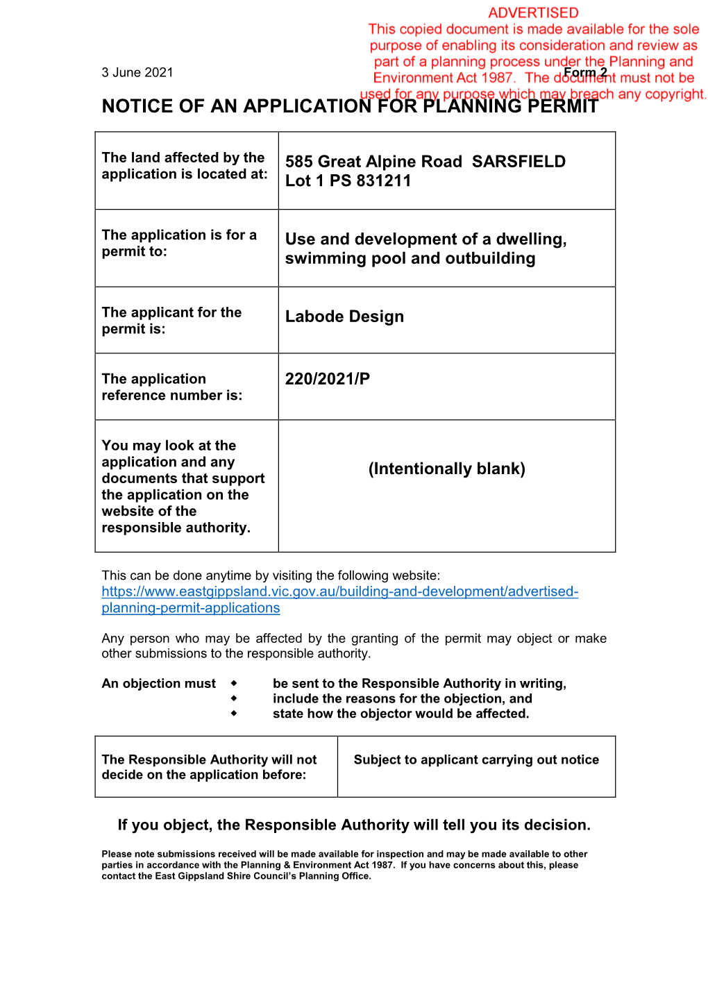 Notice of an Application for Planning Permit