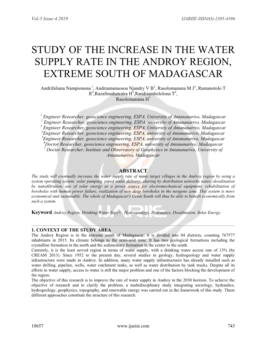 Study of the Increase in the Water Supply Rate in the Androy Region, Extreme South of Madagascar