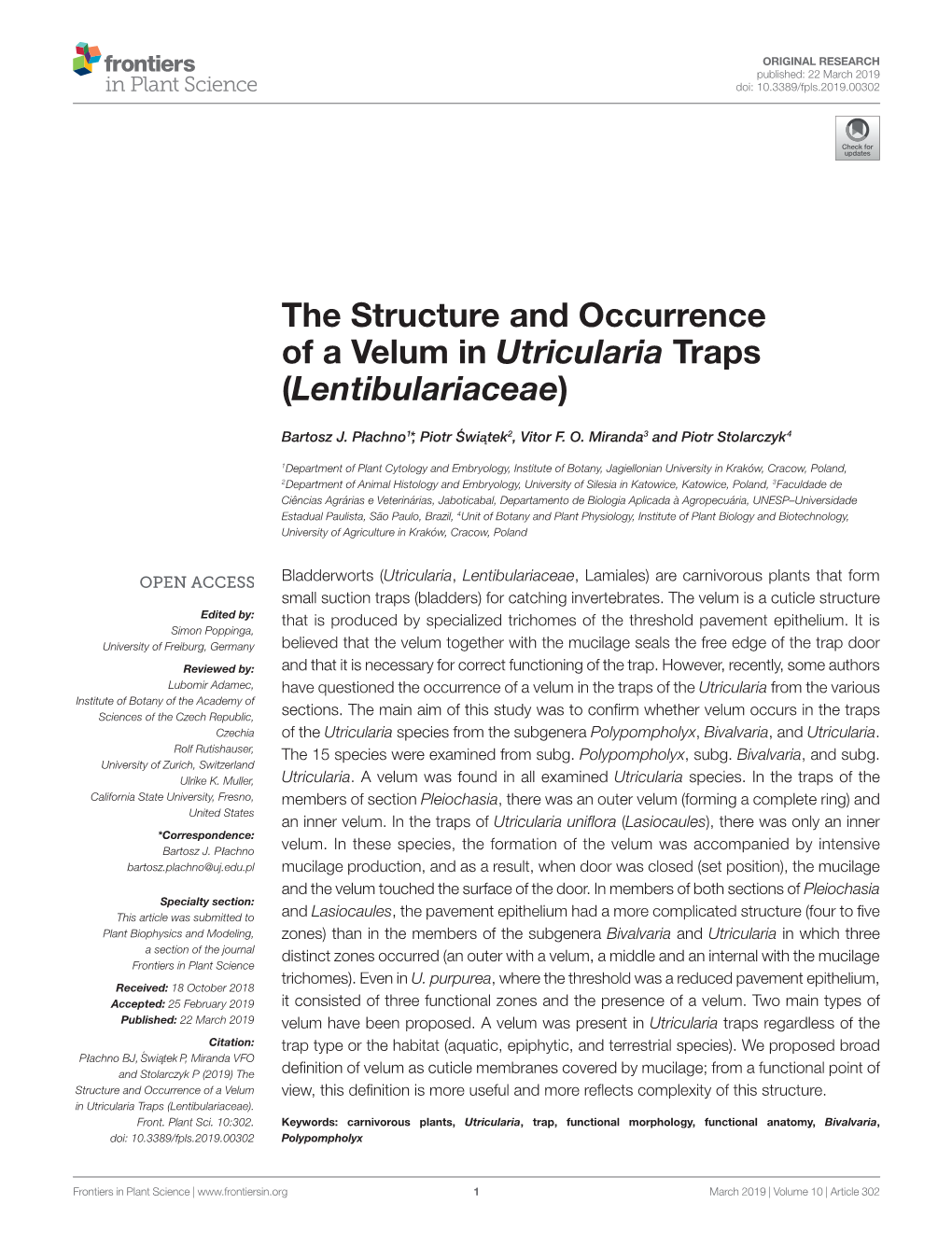 The Structure and Occurrence of a Velum in Utricularia Traps (Lentibulariaceae)