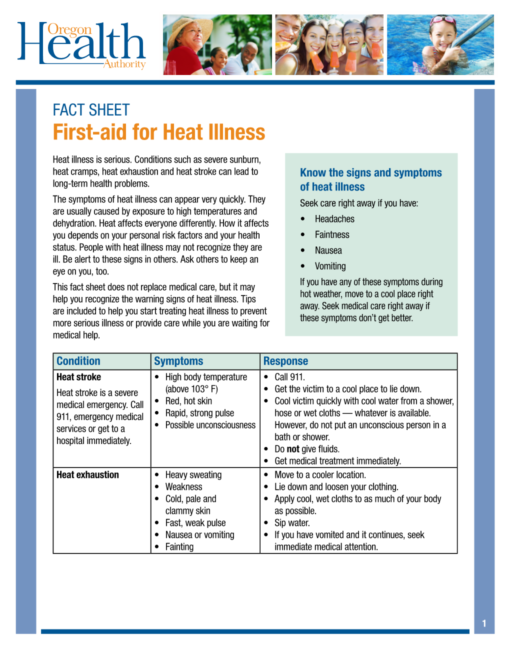 FACT SHEET First-Aid for Heat Illness