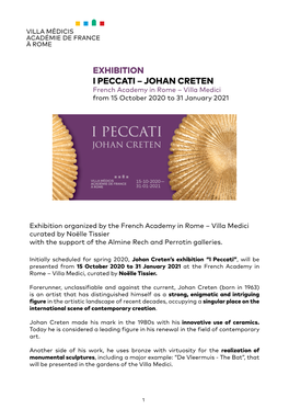 EXHIBITION I PECCATI – JOHAN CRETEN French Academy in Rome – Villa Medici from 15 October 2020 to 31 January 2021