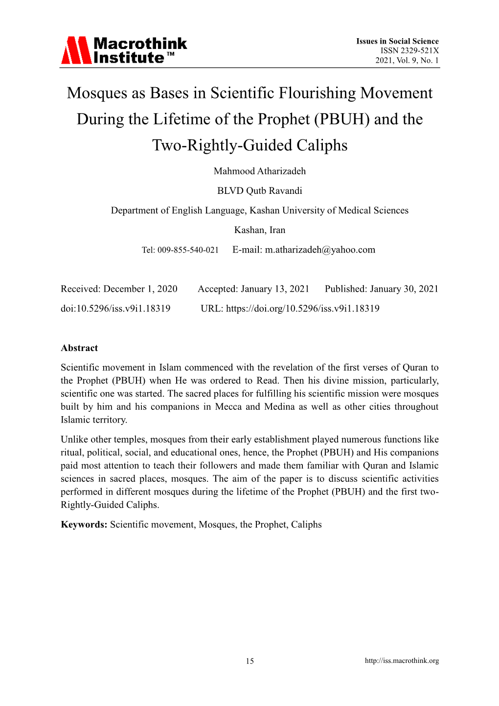 Mosques As Bases in Scientific Flourishing Movement During the Lifetime of the Prophet (PBUH) and the Two-Rightly-Guided Caliphs