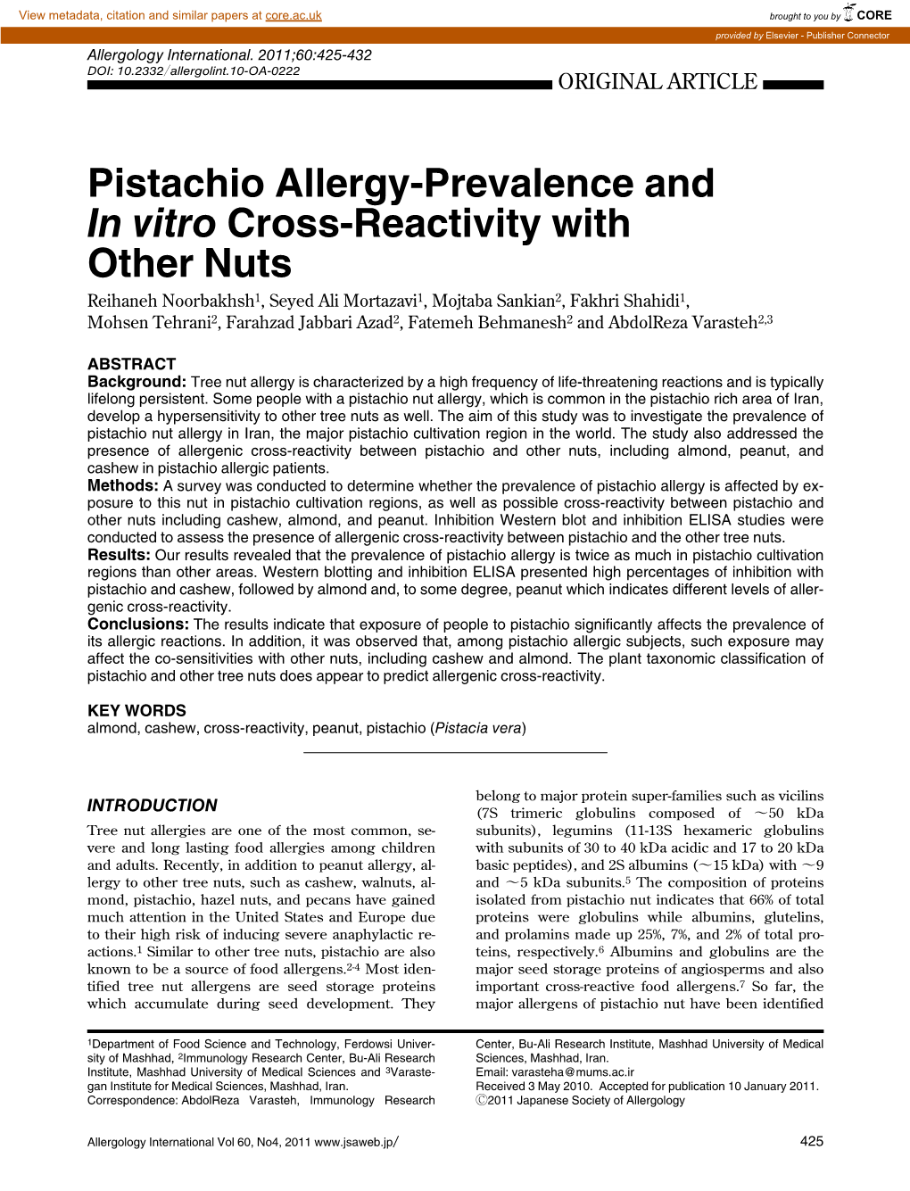 Pistachio Allergy-Prevalence and in Vitro Cross-Reactivity with Other Nuts