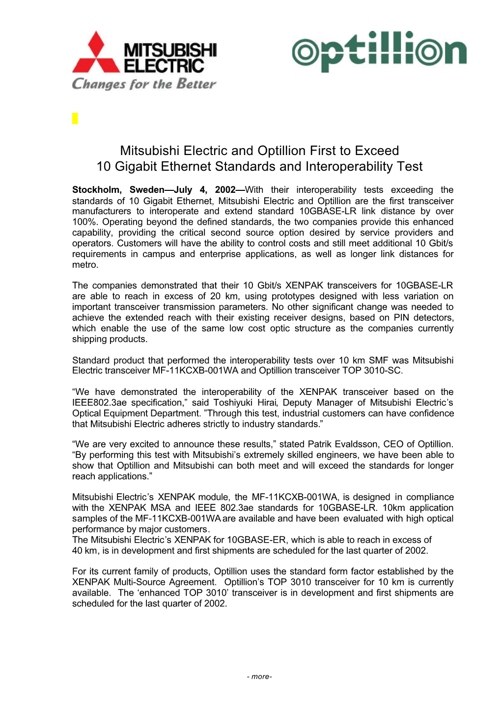 Mitsubishi Electric and Optillion First to Exceed 10 Gigabit Ethernet Standards and Interoperability Test