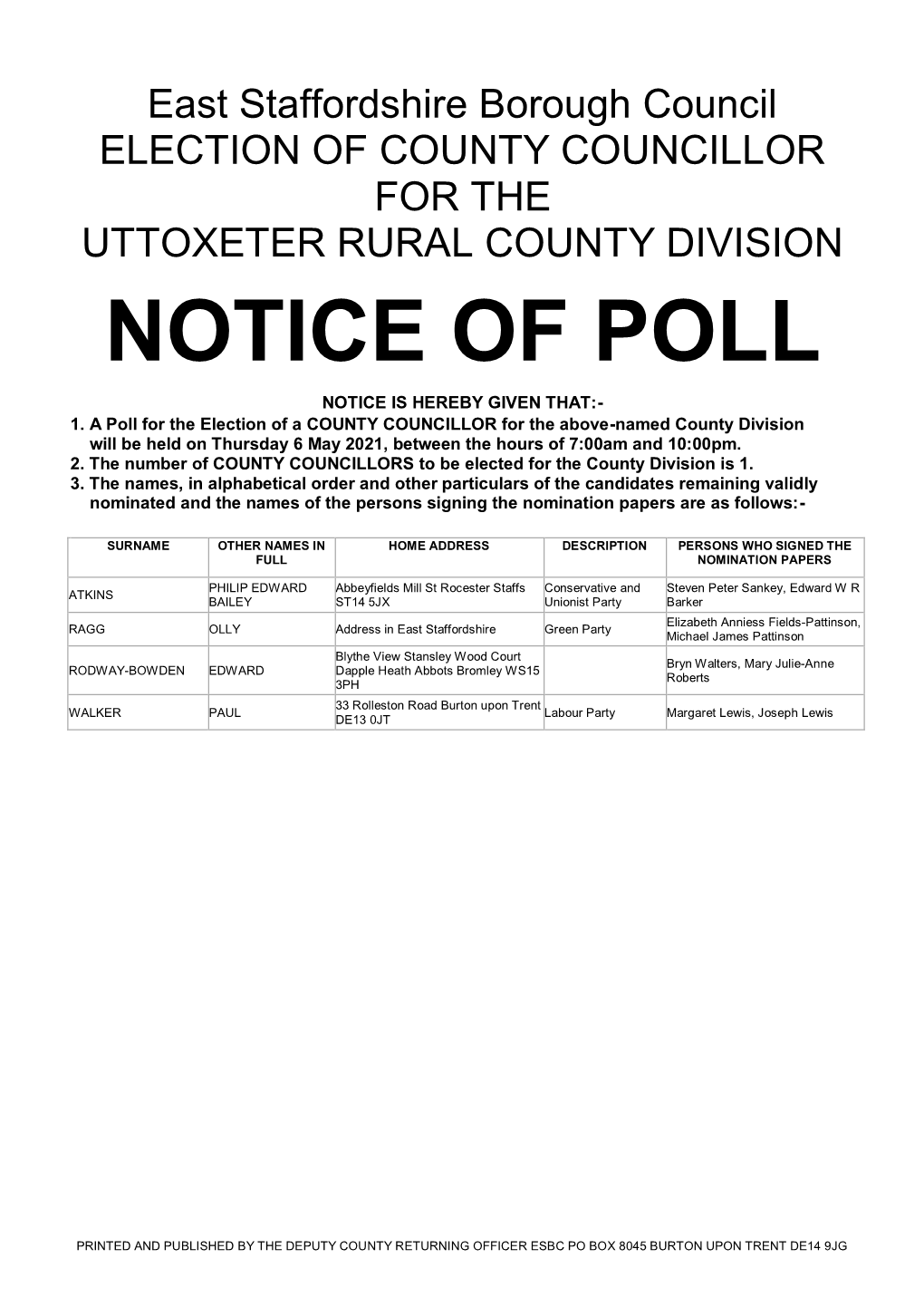Notice of Poll Notice Is Hereby Given That