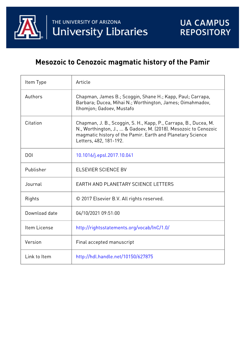 Mesozoic to Cenozoic Magmatic History of the Pamir