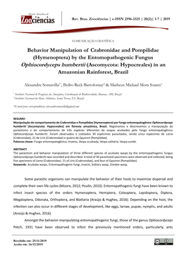 Behavior Manipulation of Crabronidae and Pompilidae (Hymenoptera) by the Entomopathogenic Fungus Ophiocordyceps Humbertii (Ascom