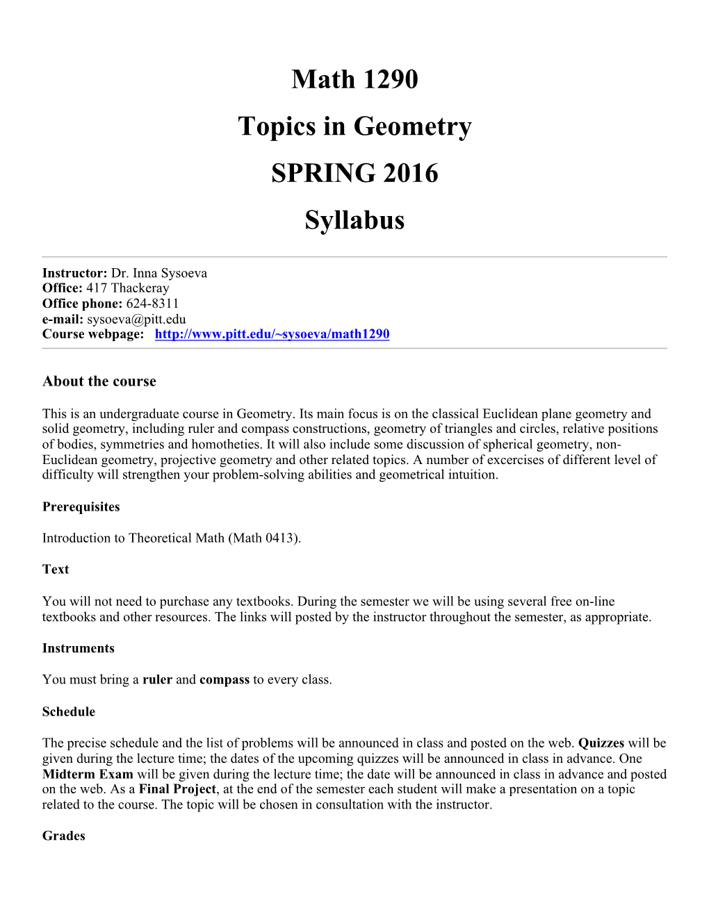 Math 1290 Topics in Geometry SPRING 2016 Syllabus