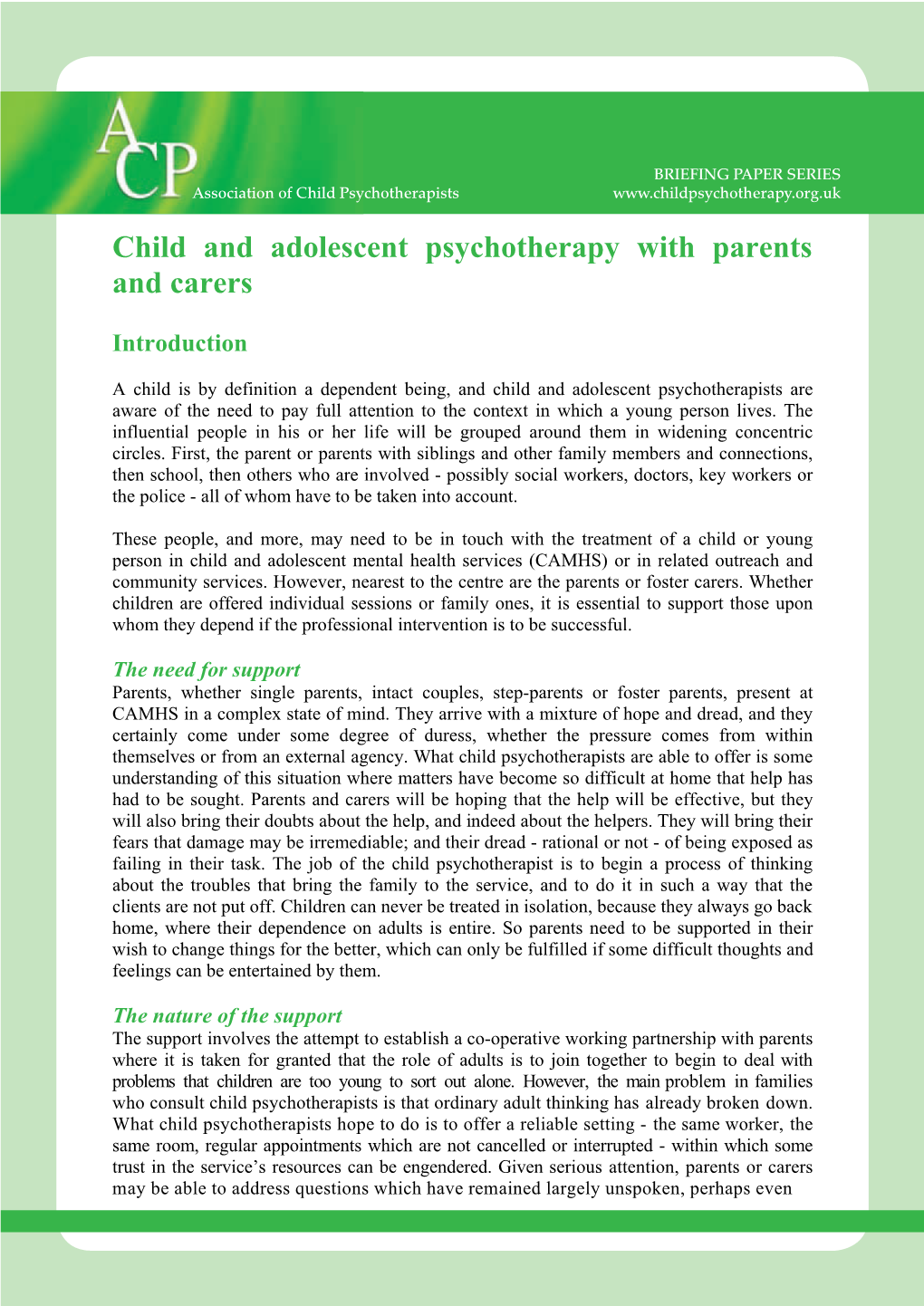 Child and Adolescent Psychotherapy with Parents and Carers
