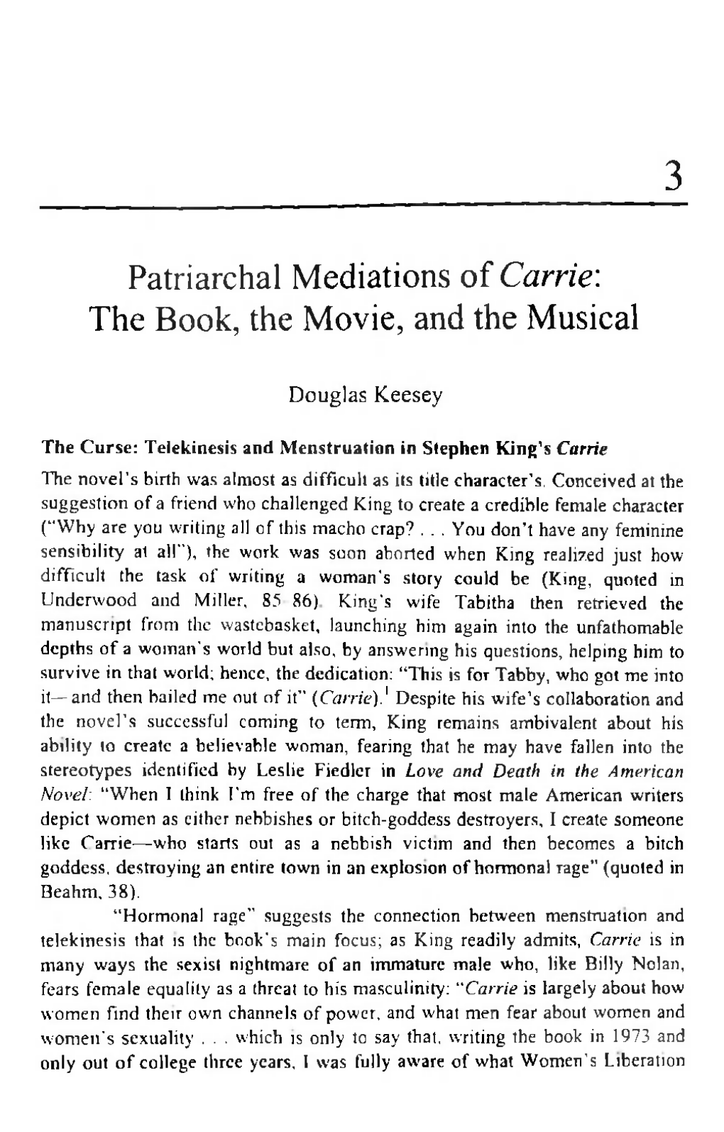 Patriarchal Mediations of Carrie: the Book, the Movie, and the Musical