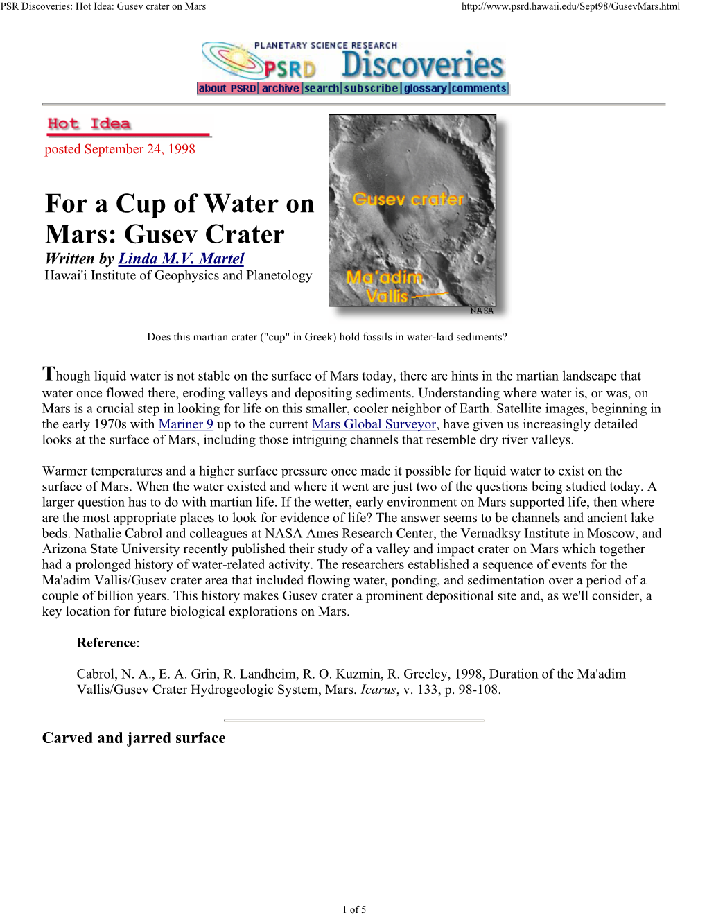 For a Cup of Water on Mars: Gusev Crater Written by Linda M.V