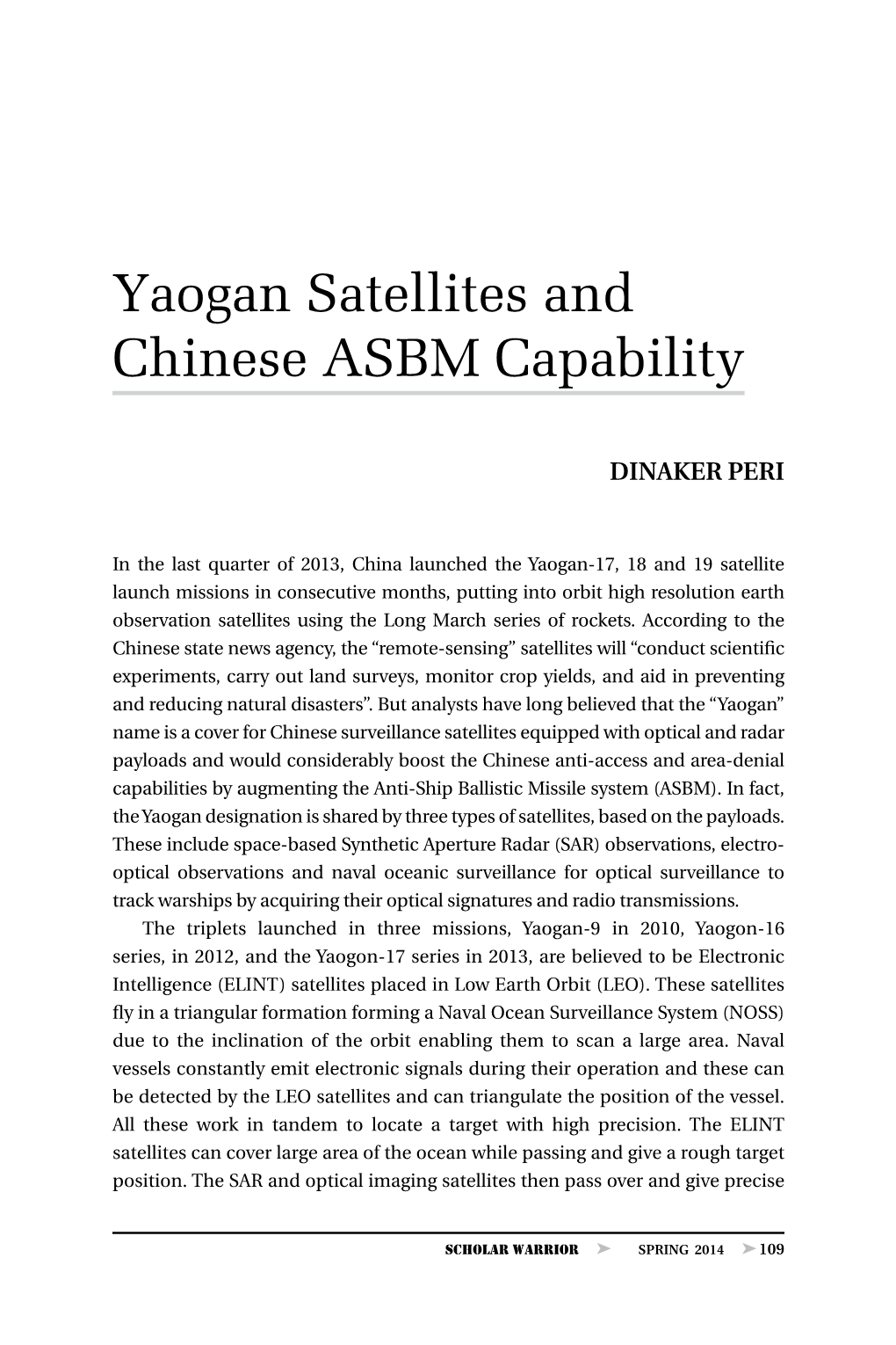 Yaogan Satellites and Chinese ASBM Capability, by Dinakar Peri