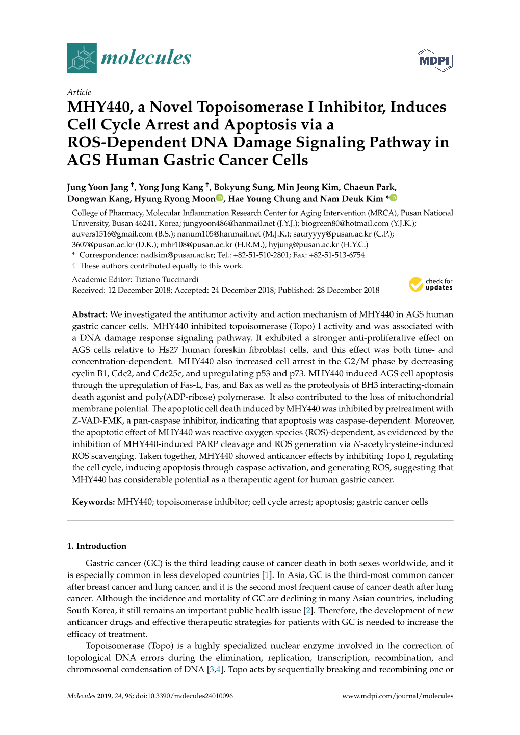 MHY440, a Novel Topoisomerase I Inhibitor, Induces Cell Cycle Arrest and Apoptosis Via a ROS-Dependent DNA Damage Signaling Pathway in AGS Human Gastric Cancer Cells