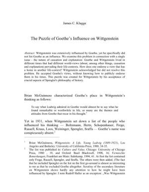The Puzzle of Goethe's Influence on Wittgenstein