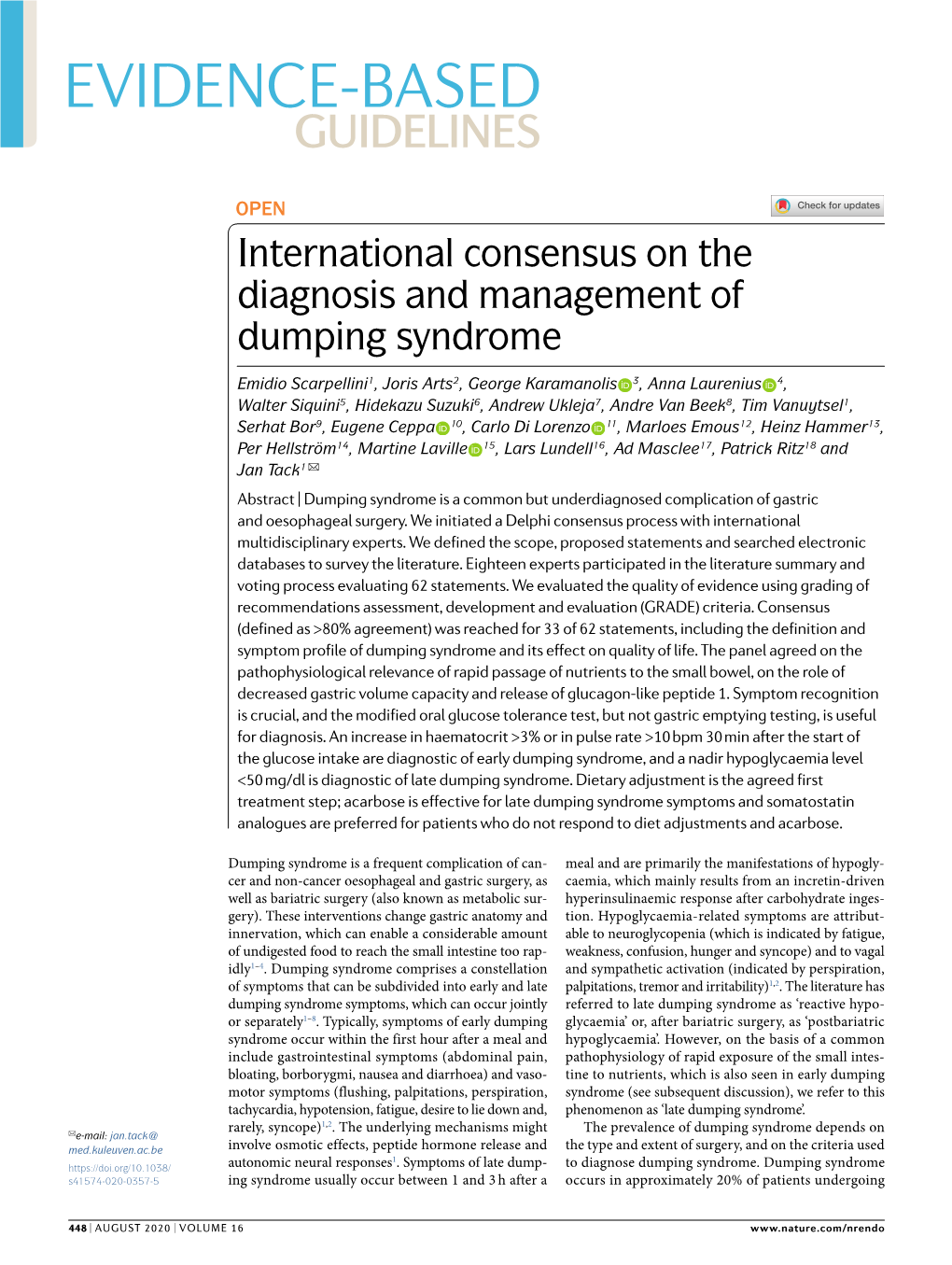 International Consensus on the Diagnosis and Management of Dumping Syndrome