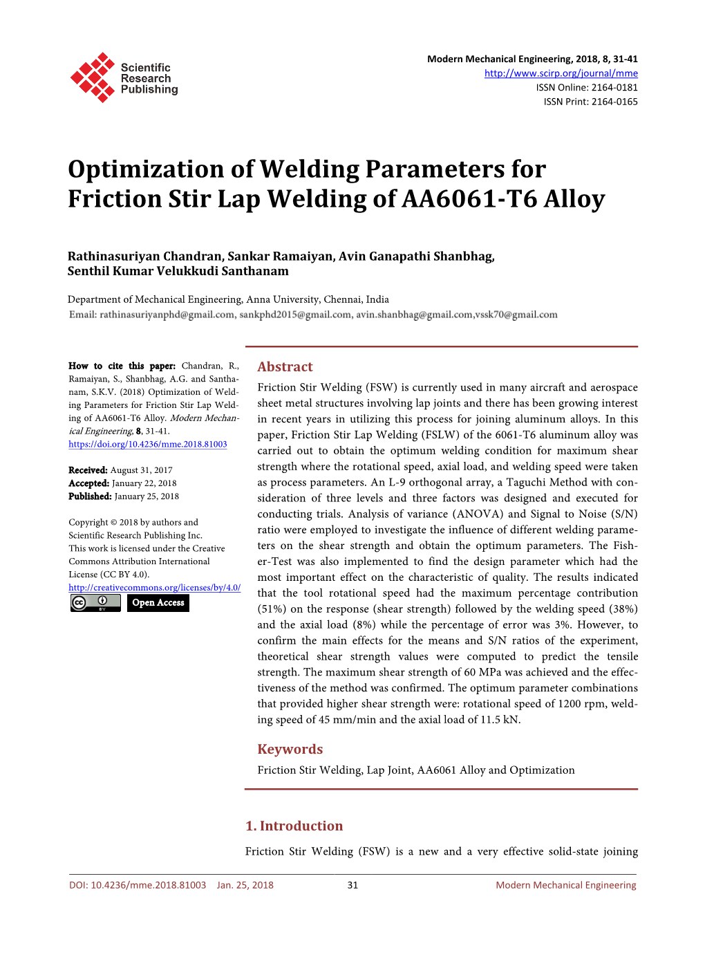 Optimization of Welding Parameters for Friction Stir Lap Welding of AA6061-T6 Alloy